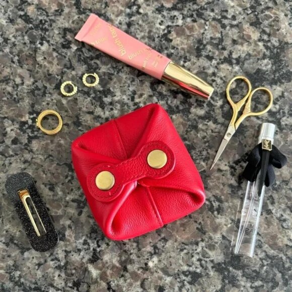 The Lucy  Mini red leather pouch travel case gold hardware snap button closure - Picture 1 of 4